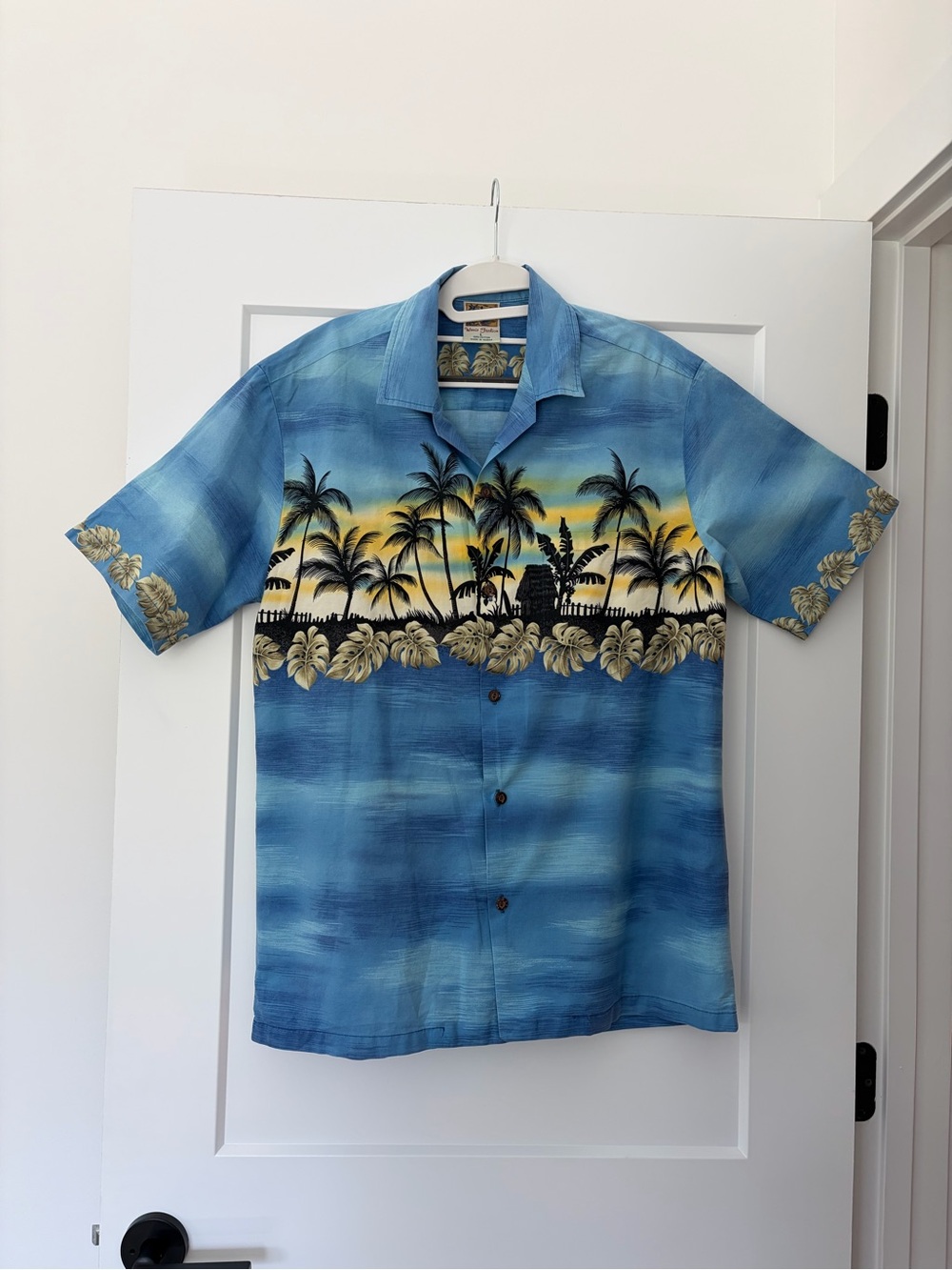 Winnie Fashion Vintage Men's Blue Hawaiian Palm-Print Shirt Large